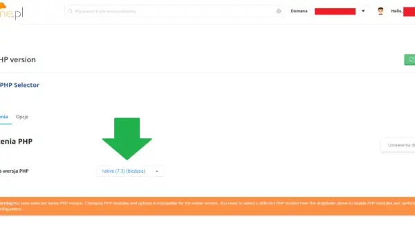 Panel "PHP Selector" pozwala sprawdzić i zmienić wersję PHP. Aktualnie wybrana to native (7.3).