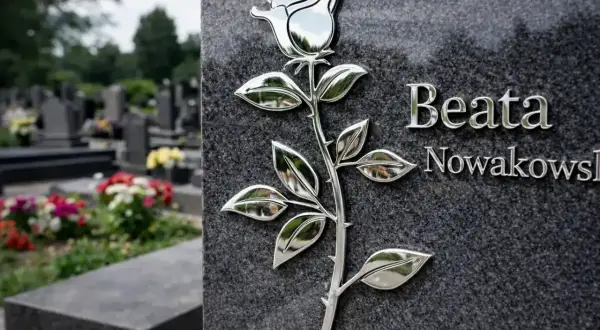 Na nagrobku Beaty Nowakowskiej widnieje metalowa róża, symbol miłości i pamięci. W tle cmentarz.