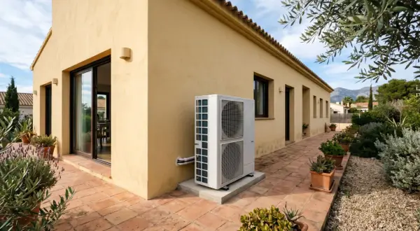 Unidad exterior de bomba de calor aerotermia junto a una casa con fachada amarilla y patio de baldosas.