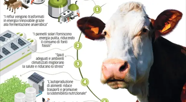 Allevamento della Lombardia: energia rinnovabile da reflui, pannelli solari, spazi adeguati, autoproduzione cibo e controlli sui farmaci per il benessere animale.