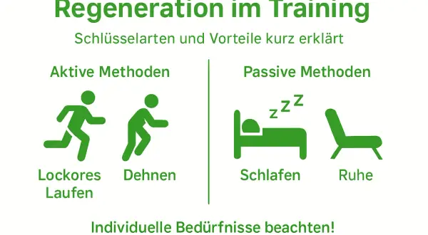 Regeneration im Training: Aktive Methoden (Laufen, Dehnen) und passive Methoden (Schlafen, Ruhe) sind wichtig für die Erholung nach Krafttraining.