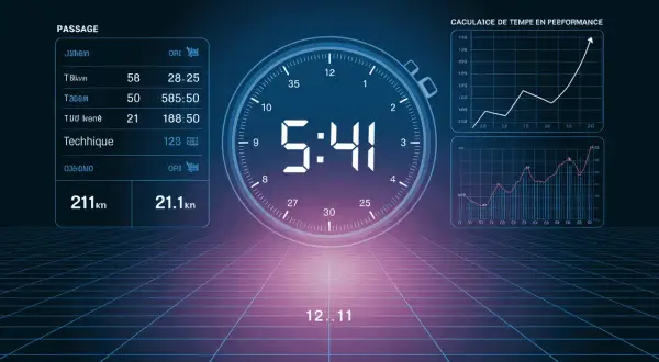 Tableau de bord sportif affichant un chronomètre à 5:41, des statistiques de course et des graphiques de performance. L'objectif : une allure semi marathon 2h.