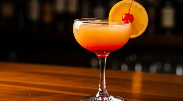 En vacker tequila sunrise med lager av orange och rött, garnerad med en apelsinskiva och körsbär.