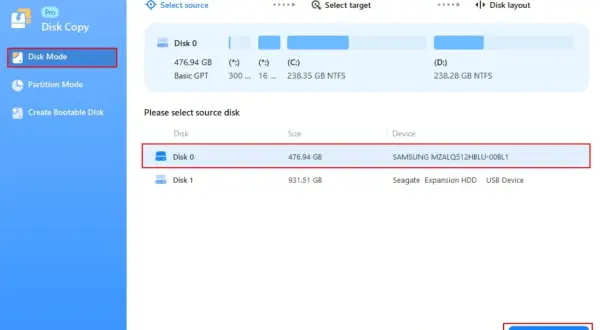 Interfejs programu do klonowania dysku. Wybrano tryb "Disk Mode", zaznaczono dysk źródłowy (Disk 0, Samsung 512GB) do skopiowania.