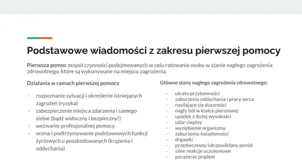 Lista stanów nagłego zagrożenia zdrowotnego, w tym nasilające się duszności, utrata przytomności i zaburzenia oddychania. Podstawowe wiadomości z zakresu pierwszej pomocy.