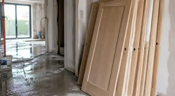 Portes en bois empilées, prêtes à être installées. Le sol est mouillé, signe que les travaux sont en cours pour empêcher le bois de travailler.