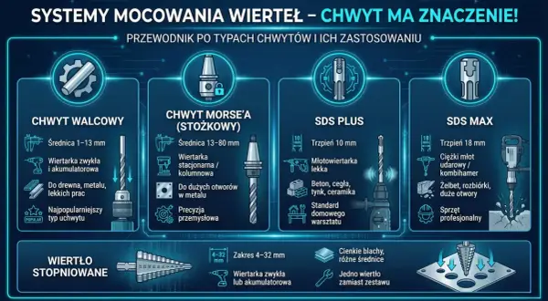 Rodzaje wierteł do metalu: walcowy, Morse'a, SDS PLUS, SDS MAX. Wiertło stopniowane do cienkich blach.