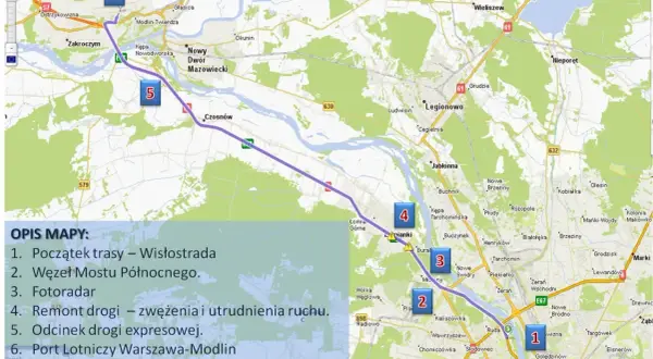 Mapa pokazuje trasę z Warszawy do Modlina, z zaznaczonymi punktami kluczowymi, np. remontami dróg. To praktyczny rozkład lotów Modlin dla podróżujących.