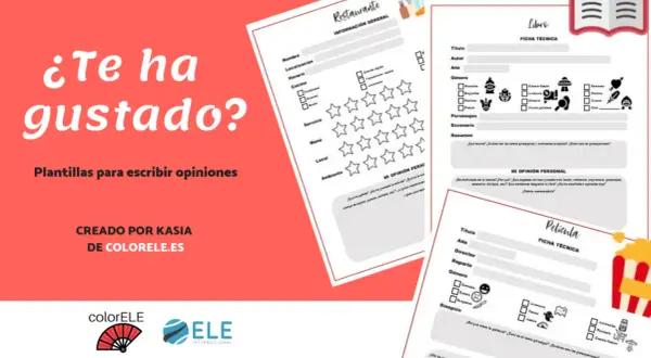 Plantilla para escribir opiniones de restaurantes, libros y películas. Incluye campos para información general, personajes, resumen y opinión personal.