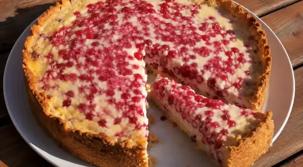 En saftig paj med röda vinbär och en krämig fyllning, perfekt att baka med creme fraiche. En bit är redan uppskuren.