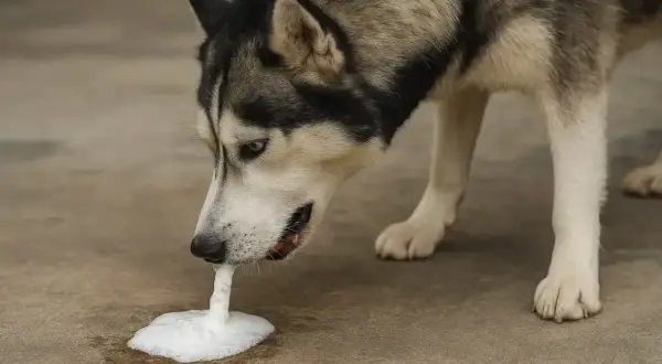 Smutny pies rasy husky wymiotuje pianą, która wygląda jak krew.