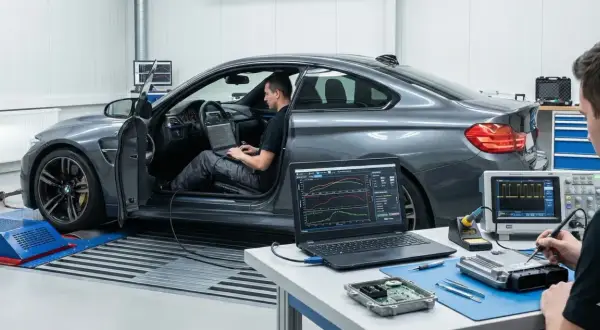 Taller de **que es tuning**: un coche en banco de potencia, un técnico en el asiento con portátil y otro soldando una centralita.