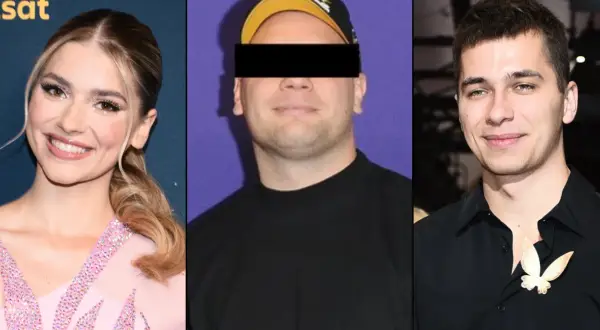 Ktoś został przyłapany na kłamstwie w ostatnim vlogu. Na zdjęciu influencerka w różowej sukni, mężczyzna z zakrytą twarzą i młody mężczyzna w czarnej koszuli z broszką.