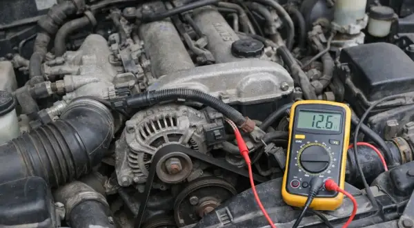 Un multimètre jaune connecté à un alternateur de voiture pour tester son fonctionnement. La lecture indique 12.6V.