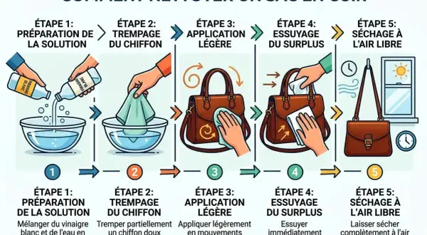 Guide pour nettoyer cuir vinaigre blanc : étapes de préparation, trempage, application, essuyage et séchage d'un sac en cuir.