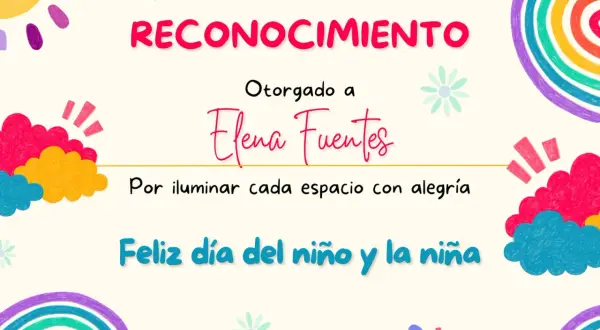 Reconocimiento para Elena Fuentes, con frases fin de curso infantil. Celebra la alegría y el día del niño.