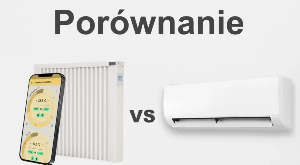 Porównanie tradycyjnego grzejnika z klimakonwektorem. Na ekranie telefonu widać aplikację do sterowania temperaturą.