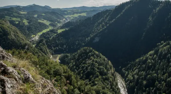 Widok z góry na dolinę rzeki i zalesione wzgórza. W oddali widać zabudowania. To idealne miejsce na sokolica trasa.
