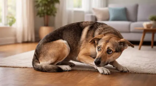 A scared dog with wide, worried eyes is crouched low on a rug in a living room, its body tense.
