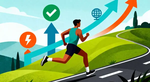 Un coureur progresse sur une route sinueuse, symbolisant l'amélioration de la vitesse moyenne course à pied. Des flèches ascendantes et des icônes de succès indiquent une progression constante.