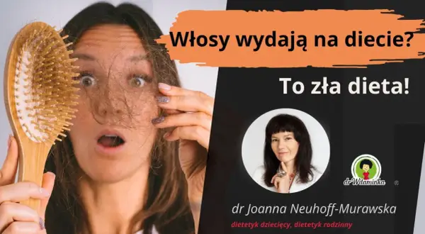 Zaskoczona kobieta trzyma szczotkę z garścią włosów. "Włosy wypadają na diecie? To zła dieta!" - sugeruje tekst.