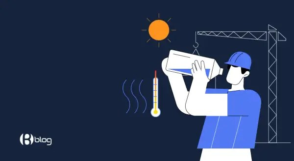 Operaio con casco beve acqua sotto il sole cocente, termometro indica alta temperatura. Attenzione al microclima ambiente di lavoro.