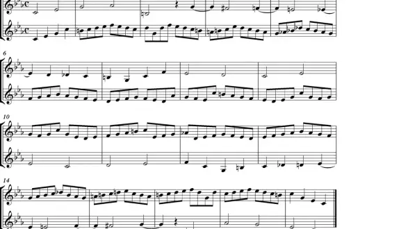 Fragment muzyczny z dwoma głosami, tworzący kanon. Górna linia melodyczna powtarza się z opóźnieniem w dolnej.