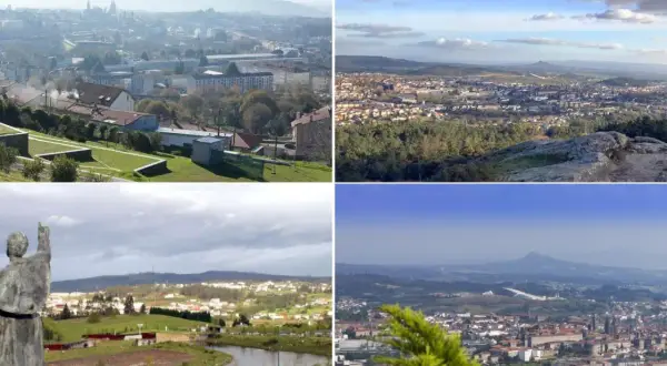 Vistas panorámicas de Santiago de Compostela desde el monte Pedroso, mostrando la ciudad y sus alrededores en diferentes condiciones climáticas.