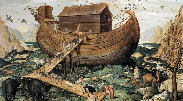 Noaks ark fylls med djur av alla slag. Elefanter, giraffer, kameler och många fler djur stiger ombord på det stora skeppet.