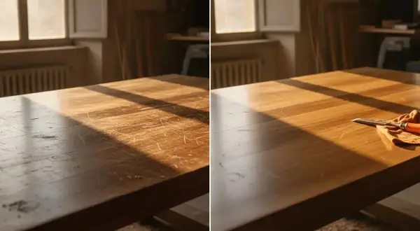 Split image showing a scratched wooden table before and after polishing, with a chisel and cloth on the polished side.