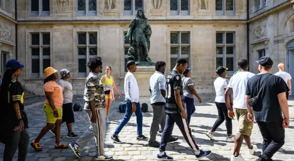 Un groupe de jeunes explore les musées de Paris, admirant une statue devant un bâtiment historique.