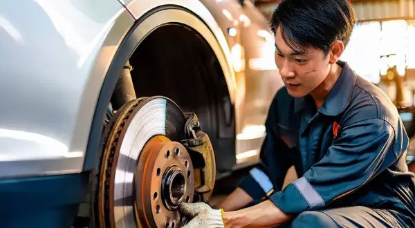 Mécanicien inspectant un disque de frein. Obtenez le tarif pour le changement de plaquettes et disques de frein.