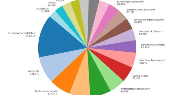 Kreisdiagramm zeigt beliebte Studiengänge. Betriebswirtschaftslehre ist am beliebtesten. Viele entscheiden sich, digitalisierung studieren.