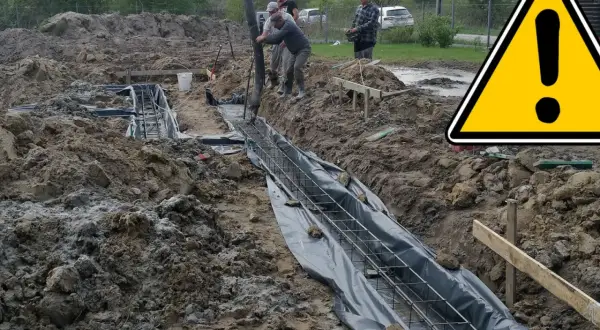 Budowa trwa, wylewane są ławy fundamentowe. Beton płynie z pompy do zbrojenia.