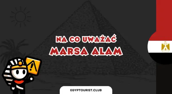 Urocza postać faraona ostrzega: na co uważać w Marsa Alam. Słońce, palma i piramida w tle.