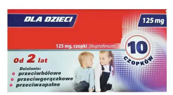 Opakowanie Ibufen Forte dla dzieci, 125 mg, czopki. Dla dzieci od 2 lat, działanie przeciwbólowe, przeciwgorączkowe, przeciwzapalne.