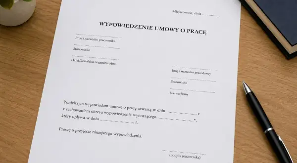 Dokument "Wypowiedzenie umowy o pracę z zachowaniem okresu wypowiedzenia" na drewnianym biurku, obok długopisu.