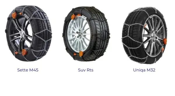 Trzy rodzaje łańcuchów śniegowych na kołach: Sette M45, Suv Rts, Uniqa M32. Jakie łańcuchy śniegowe wybrać?