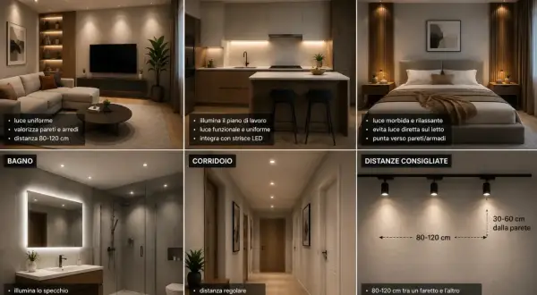 Un collage di foto arredamento mostra diverse stanze illuminate da faretti: soggiorno, cucina, camera da letto, bagno e corridoio.
