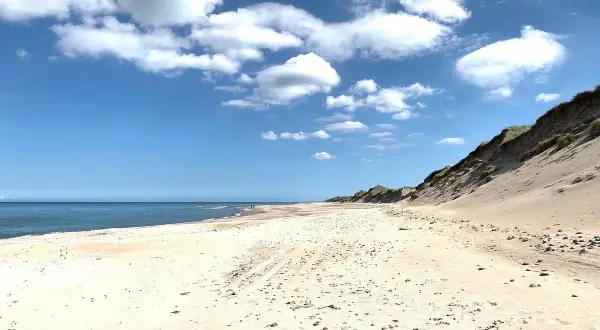 Sandy beach with dunes, calm blue sea, and white clouds under a bright blue sky.
