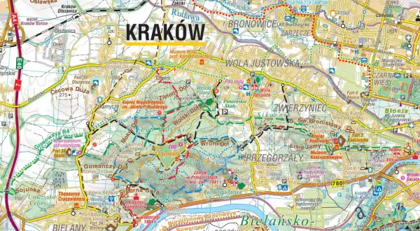 Kraków i okolice atrakcje: mapa z zaznaczonymi fortami, muzeami, parkami i szlakami.