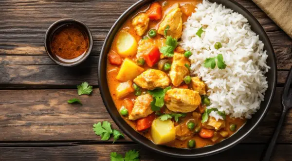 Pyszny kurczak w sosie curry z ryżem i warzywami. Idealny obiad na sobotę, który zachwyci smakiem.