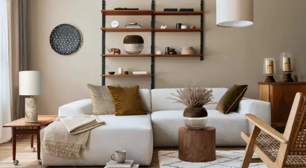 Przytulny salon boho inspiracje: jasna kanapa, drewniane meble, pleciony fotel, dywan i dekoracje tworzą ciepłą atmosferę.
