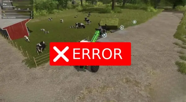 Błąd w grach farmerskich po polsku. Krowy na pastwisku, traktor z teleskopowym ładowaczem.