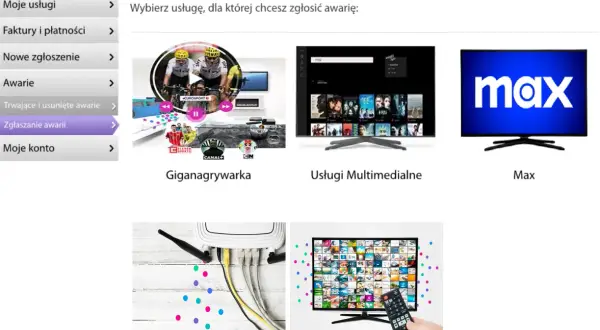 Zgłaszanie awarii w Netii: wybierz usługę, dla której wystąpił brak internetu lub inny problem. Dostępne opcje to Giganagrywarka, Usługi Multimedialne, Max, Internet i Telewizja.