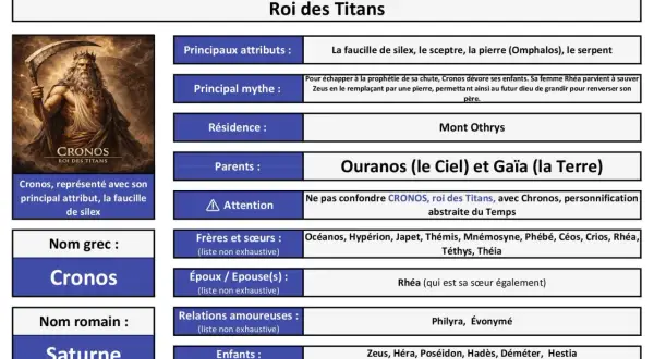 Cronos, père de Zeus, roi des Titans, représenté avec sa faucille. Il a dévoré ses enfants.