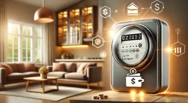 Inteligentny licznik energii elektrycznej symbolizuje oszczędności i możliwość zmiany dostawcy prądu.
