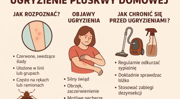 Ilustracja pokazuje ugryzienie pluskwy domowej: czerwone, swędzące ślady na skórze, objawy i sposoby ochrony.