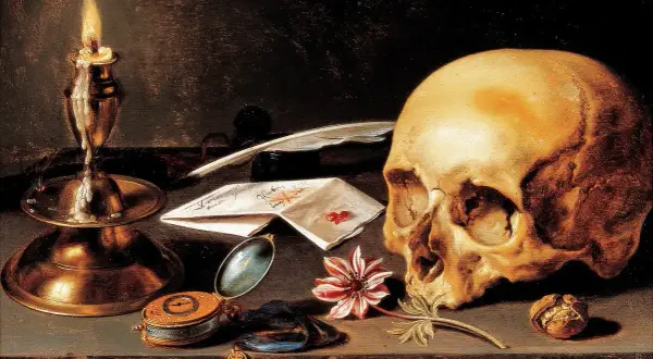 A Dutch still life painting featuring a skull, lit candle, letters, a pocket watch, and a flower, evoking themes of mortality and the passage of time.