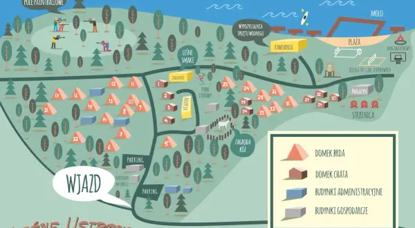 Mapa Leśnego Ustronia w Borach Tucholskich. Widok na pole paintballowe, wypożyczalnię sprzętu wodnego, plażę, strzelnicę i domki.
